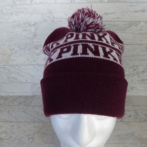 Victoria's Secret PINK Knit Stocking Hat Cap Beanie One Size Maroon & White - Picture 1 of 8